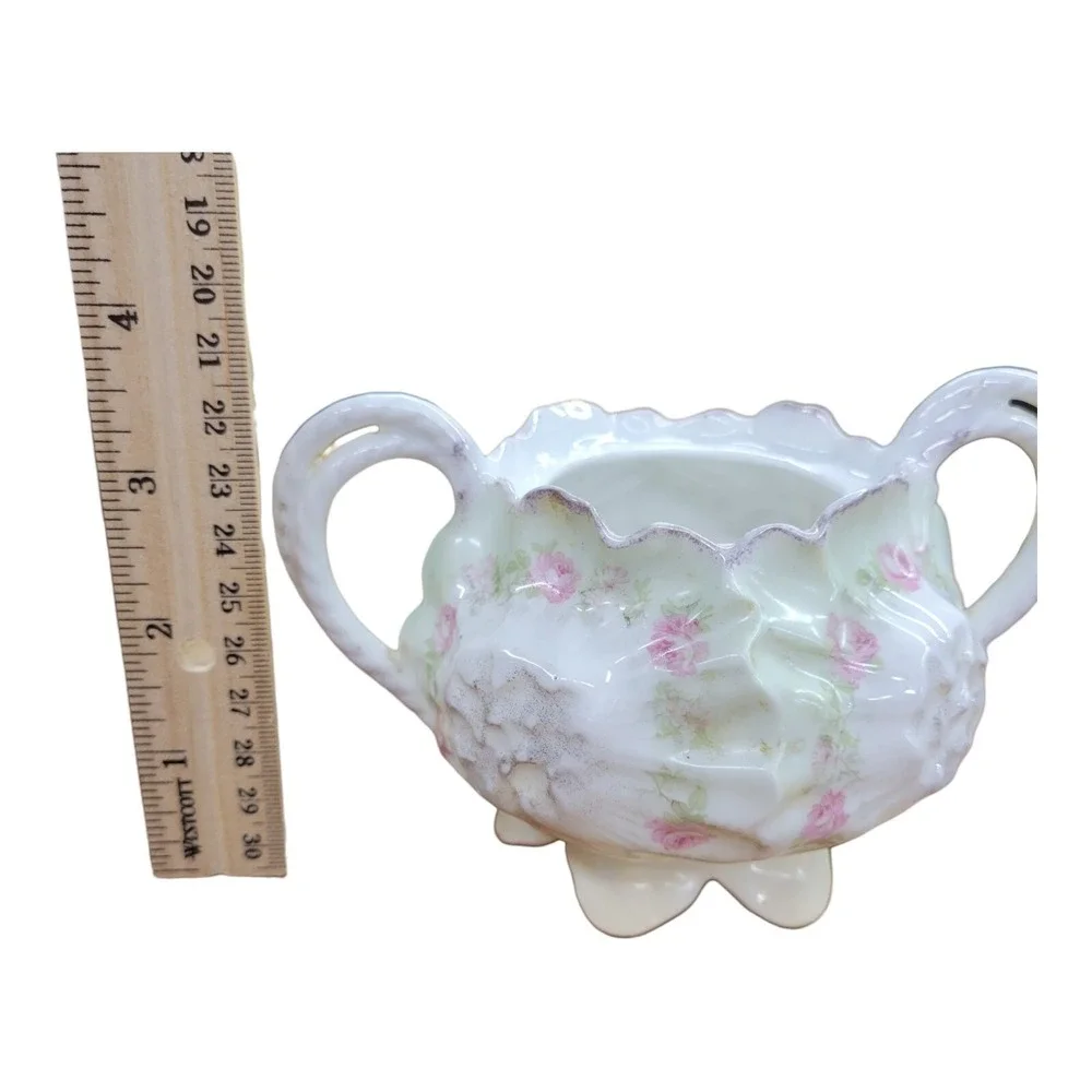 Vintage RS Prussia Red Star Green‎ Wreath Footed w/ Handles Sugar Bowl Floral